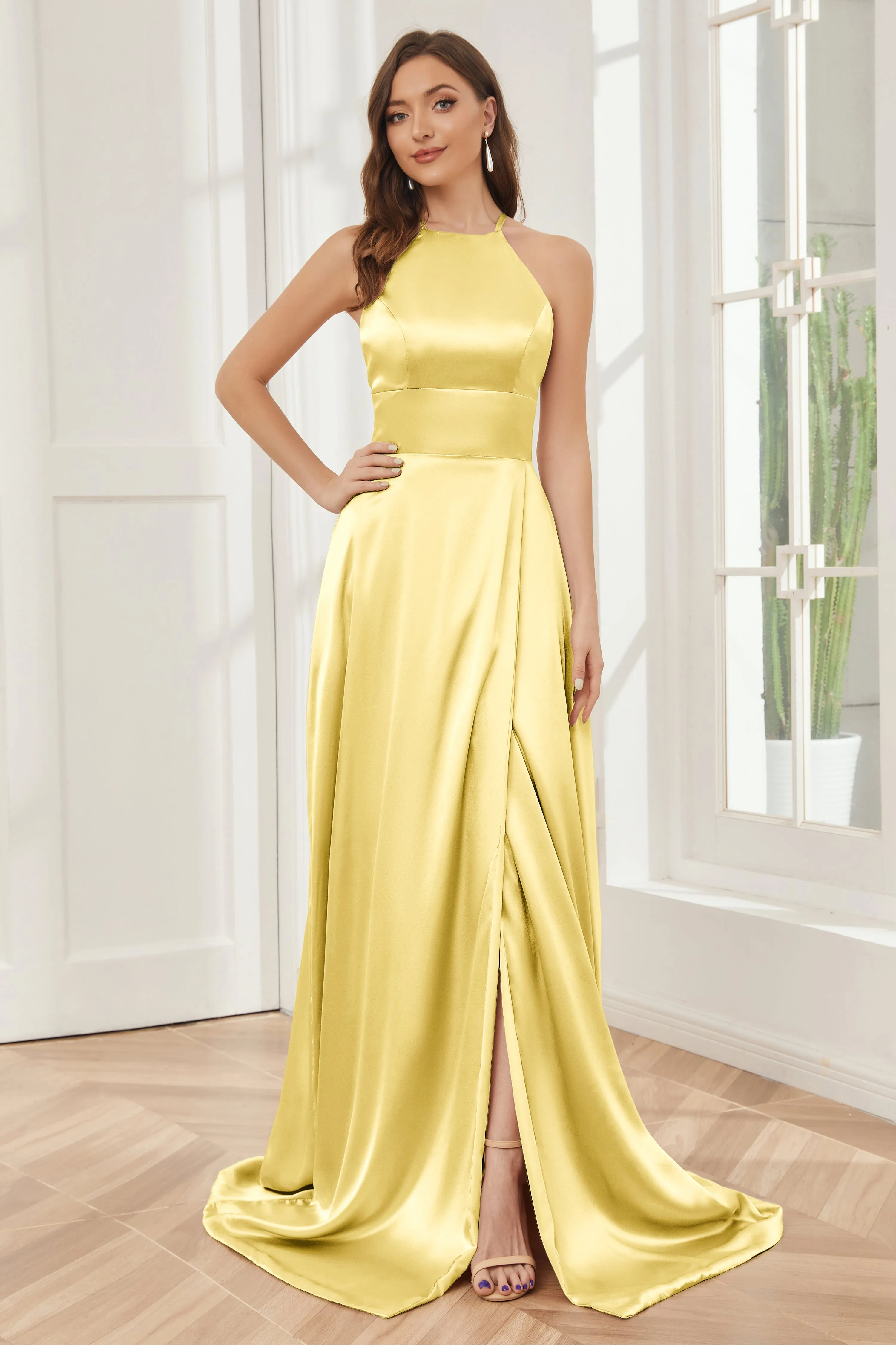 Column Halter Soft Satin Bridesmaid Dress with Pockets