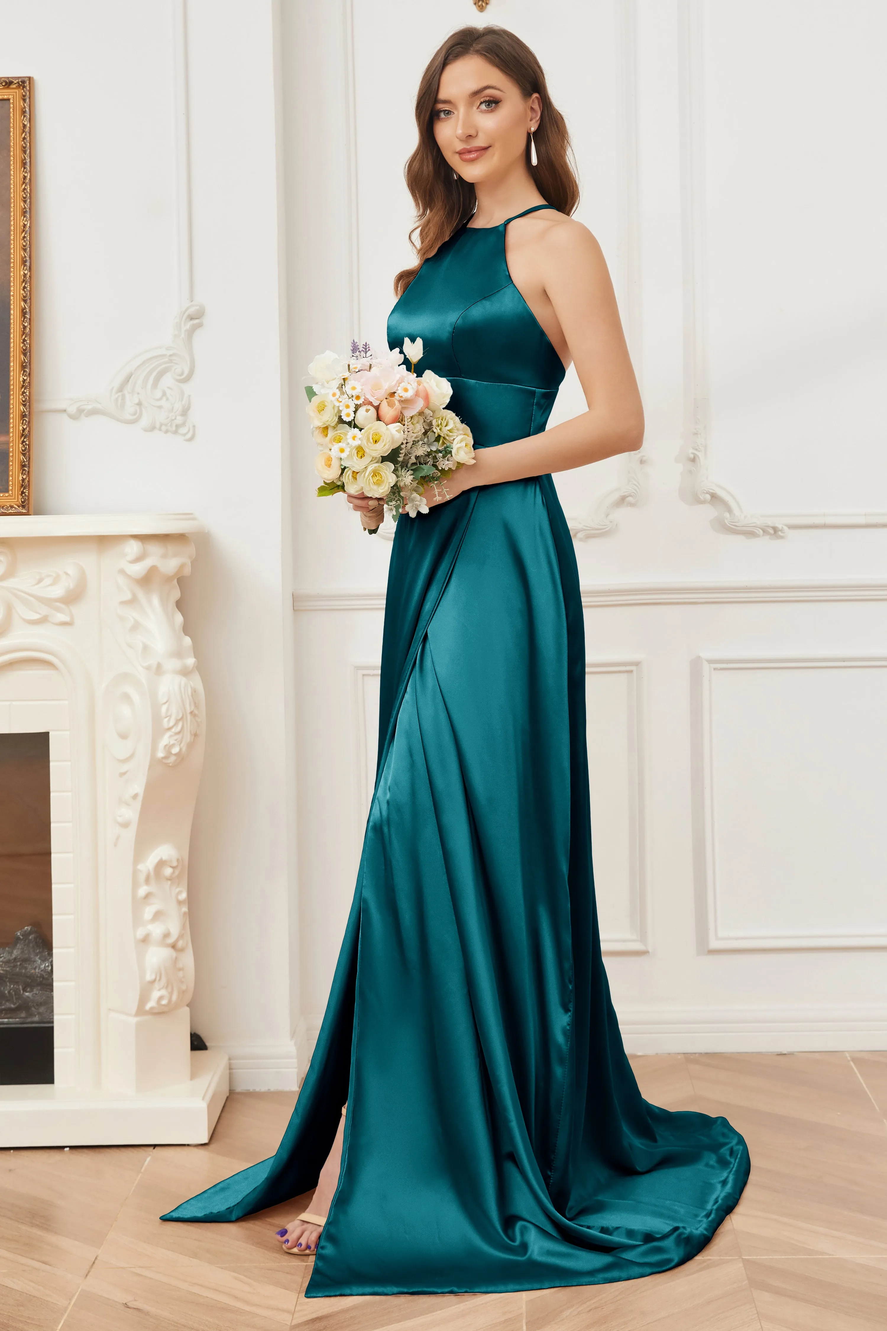 Column Halter Soft Satin Bridesmaid Dress with Pockets