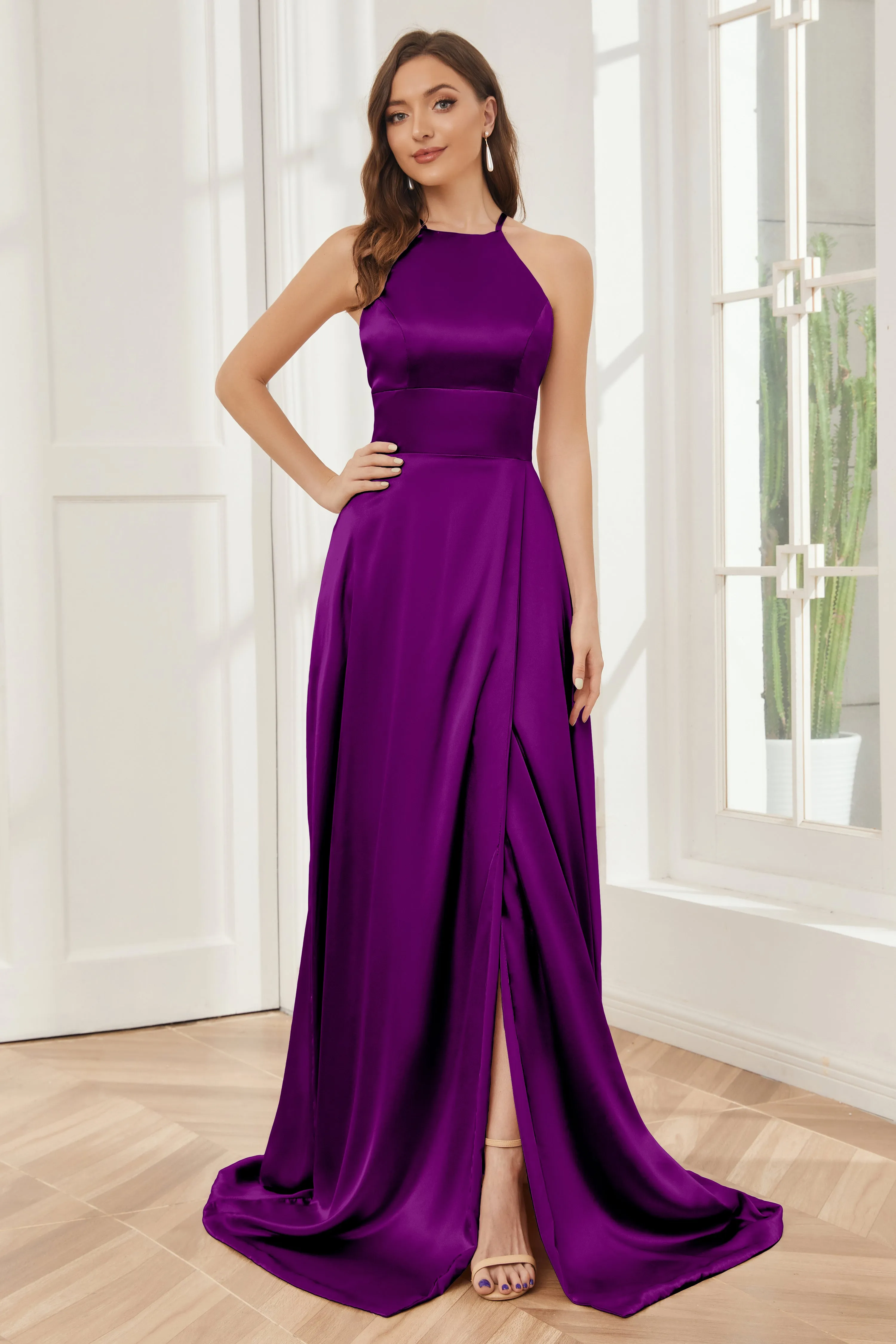 Column Halter Soft Satin Bridesmaid Dress with Pockets