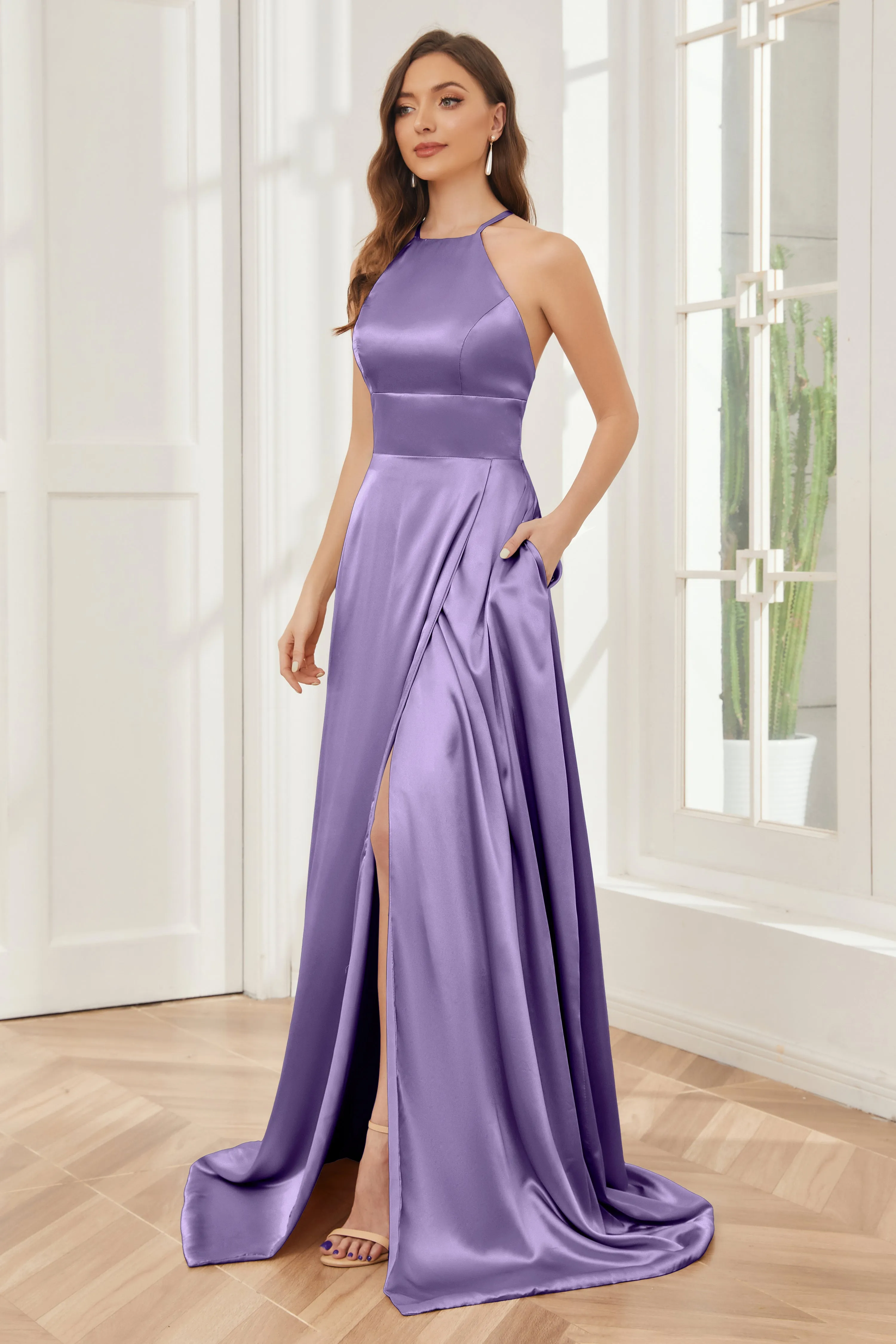Column Halter Soft Satin Bridesmaid Dress with Pockets