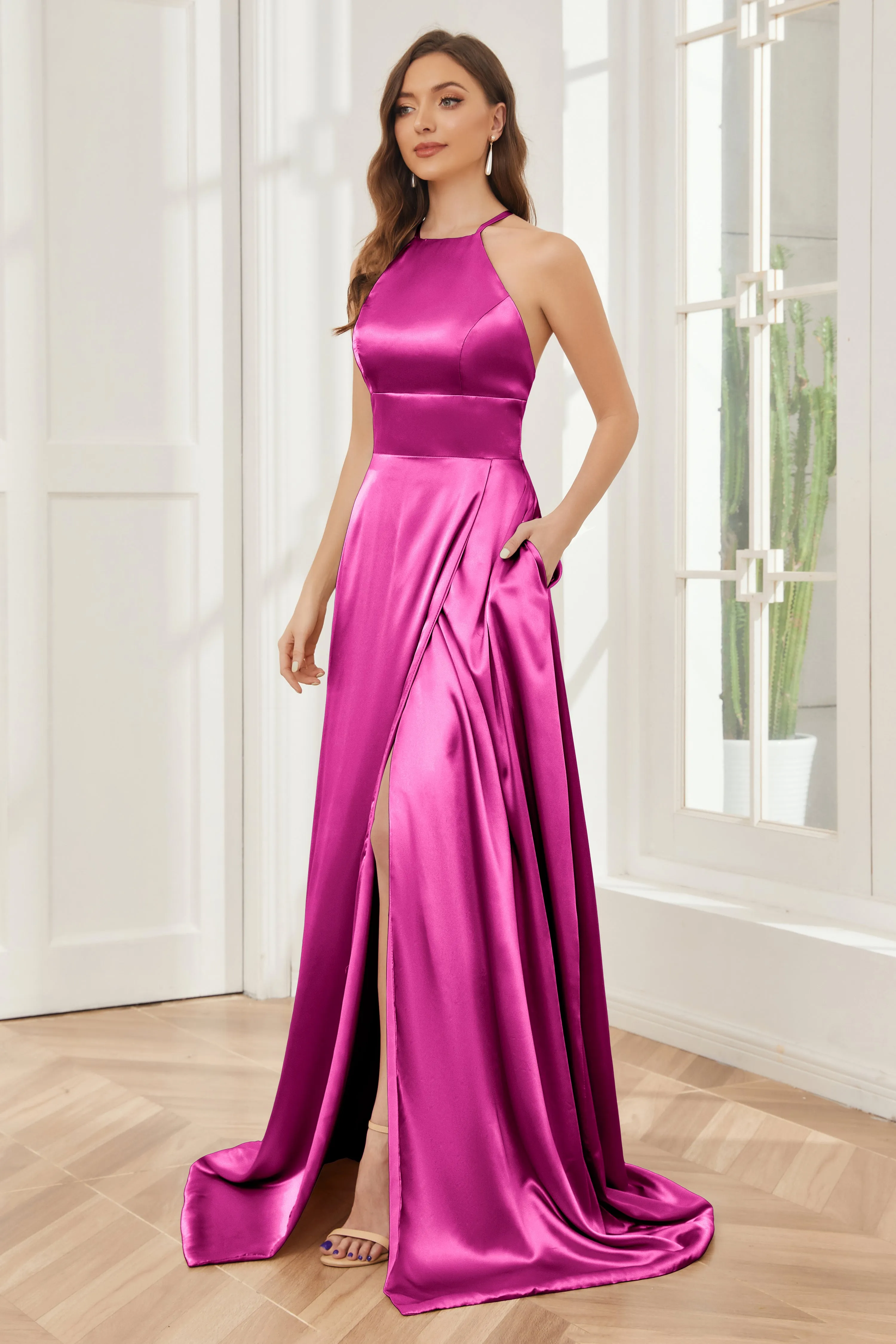 Column Halter Soft Satin Bridesmaid Dress with Pockets