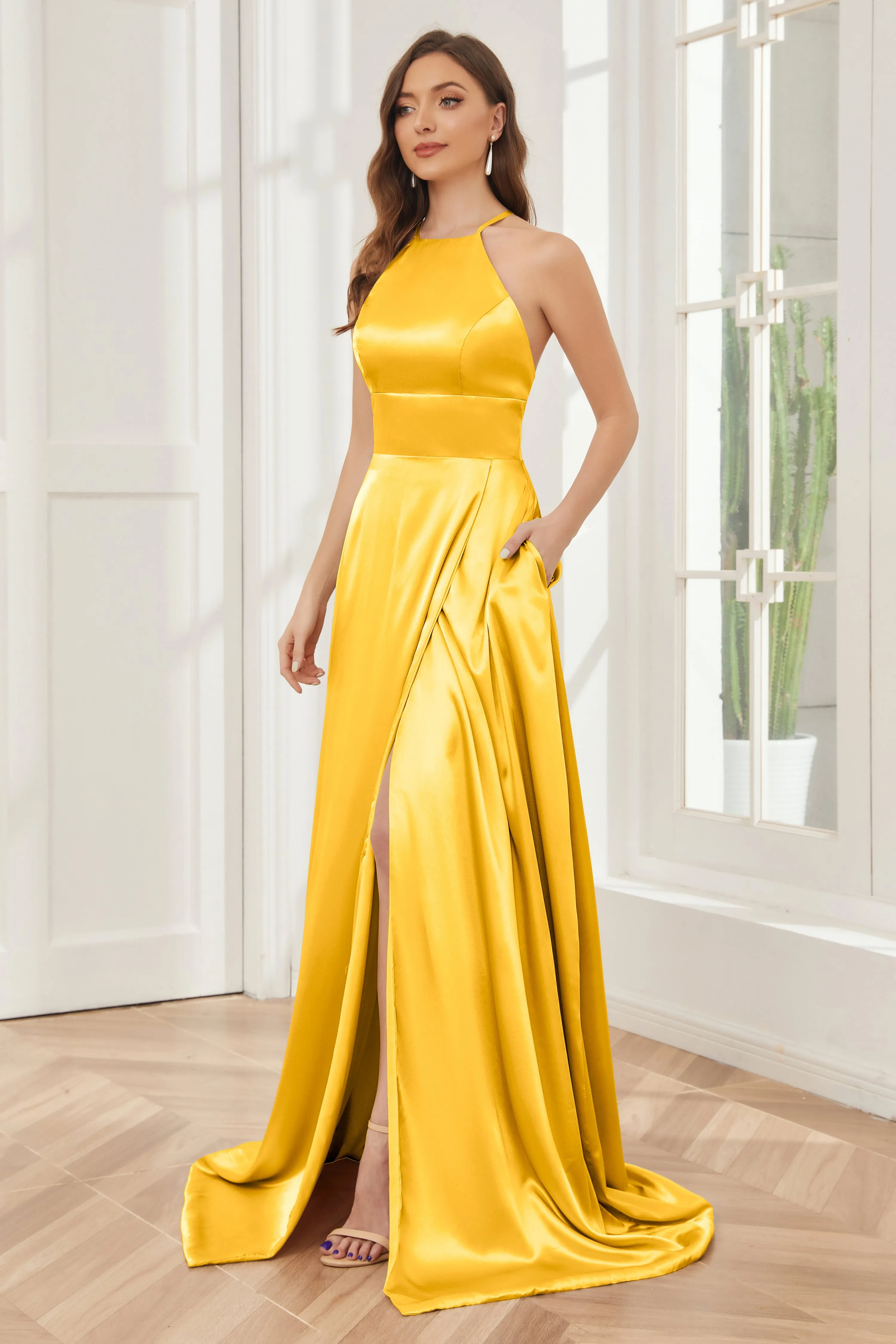 Column Halter Soft Satin Bridesmaid Dress with Pockets