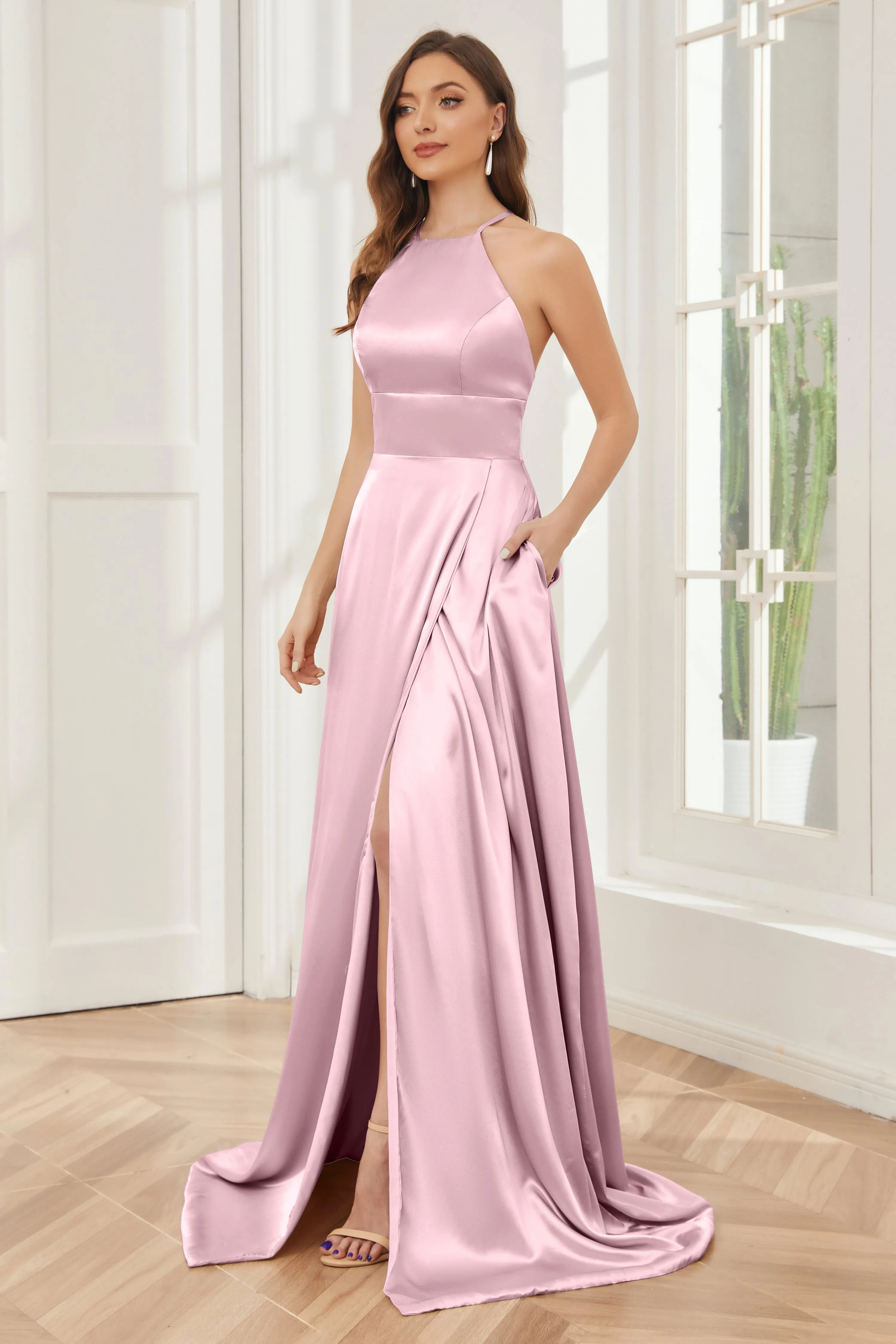 Column Halter Soft Satin Bridesmaid Dress with Pockets