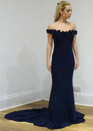 Column Off Shoulder Floor Length Court Navy Jersey Evening Dress, Flowers