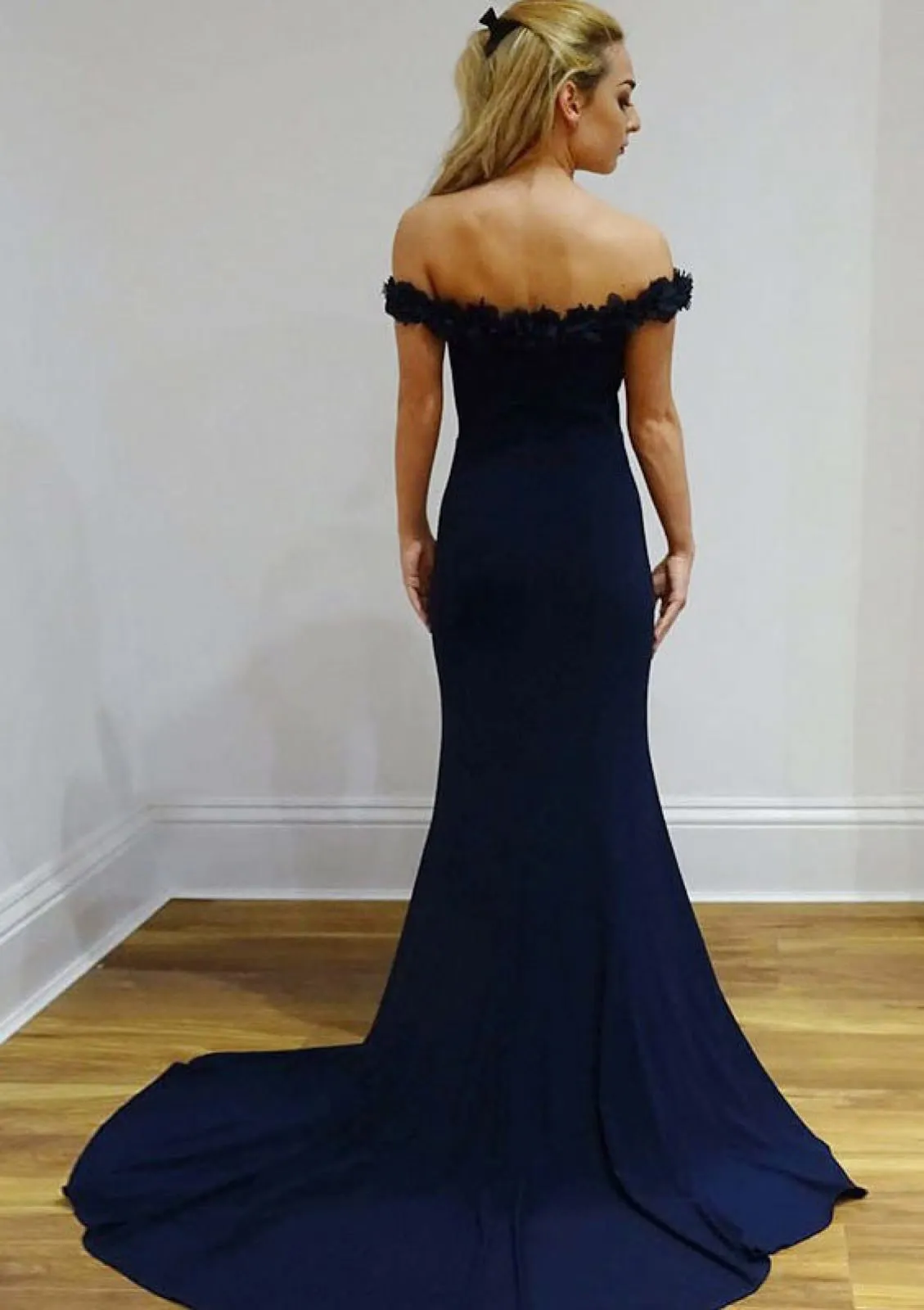 Column Off Shoulder Floor Length Court Navy Jersey Evening Dress, Flowers