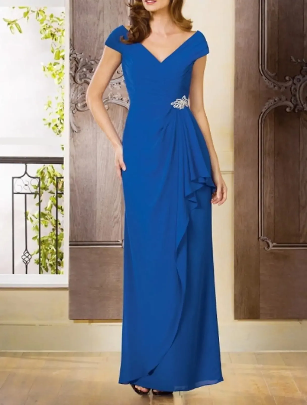 Column V Neck Floor Length Chiffon Mother of Bride/Wedding Guest Dress