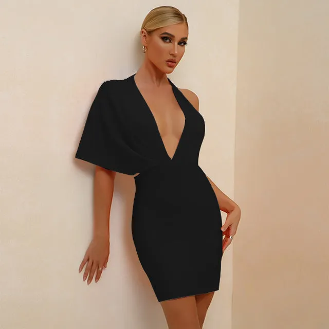 Deep-V Asymmetrical Mini Bandage Dress PF21408