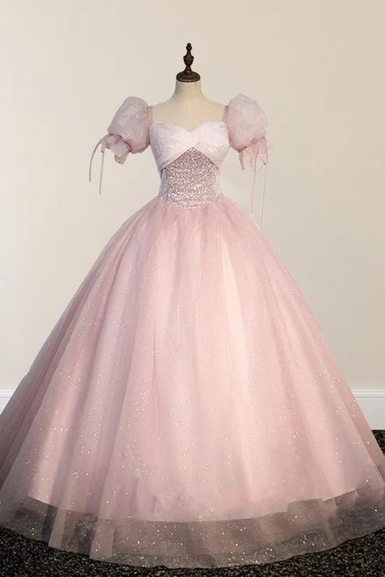 Delicate Short Sleeves Tulle Pink Floor Length Ball Gown Birthday Party Dress