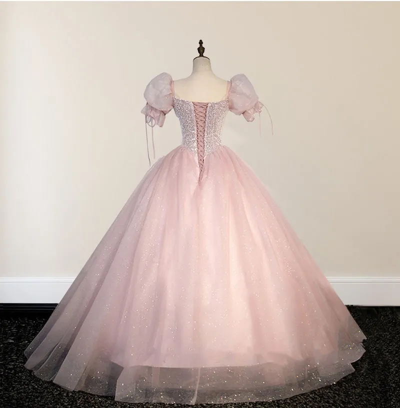 Delicate Short Sleeves Tulle Pink Floor Length Ball Gown Birthday Party Dress
