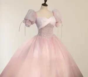 Delicate Short Sleeves Tulle Pink Floor Length Ball Gown Birthday Party Dress