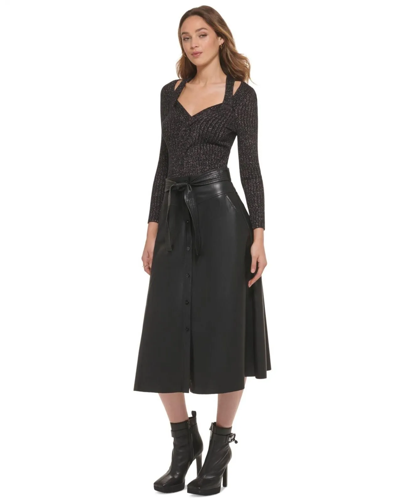 DKNY Women's Faux-Leather Belted Snap-Front Midi Skirt P2JNTO99