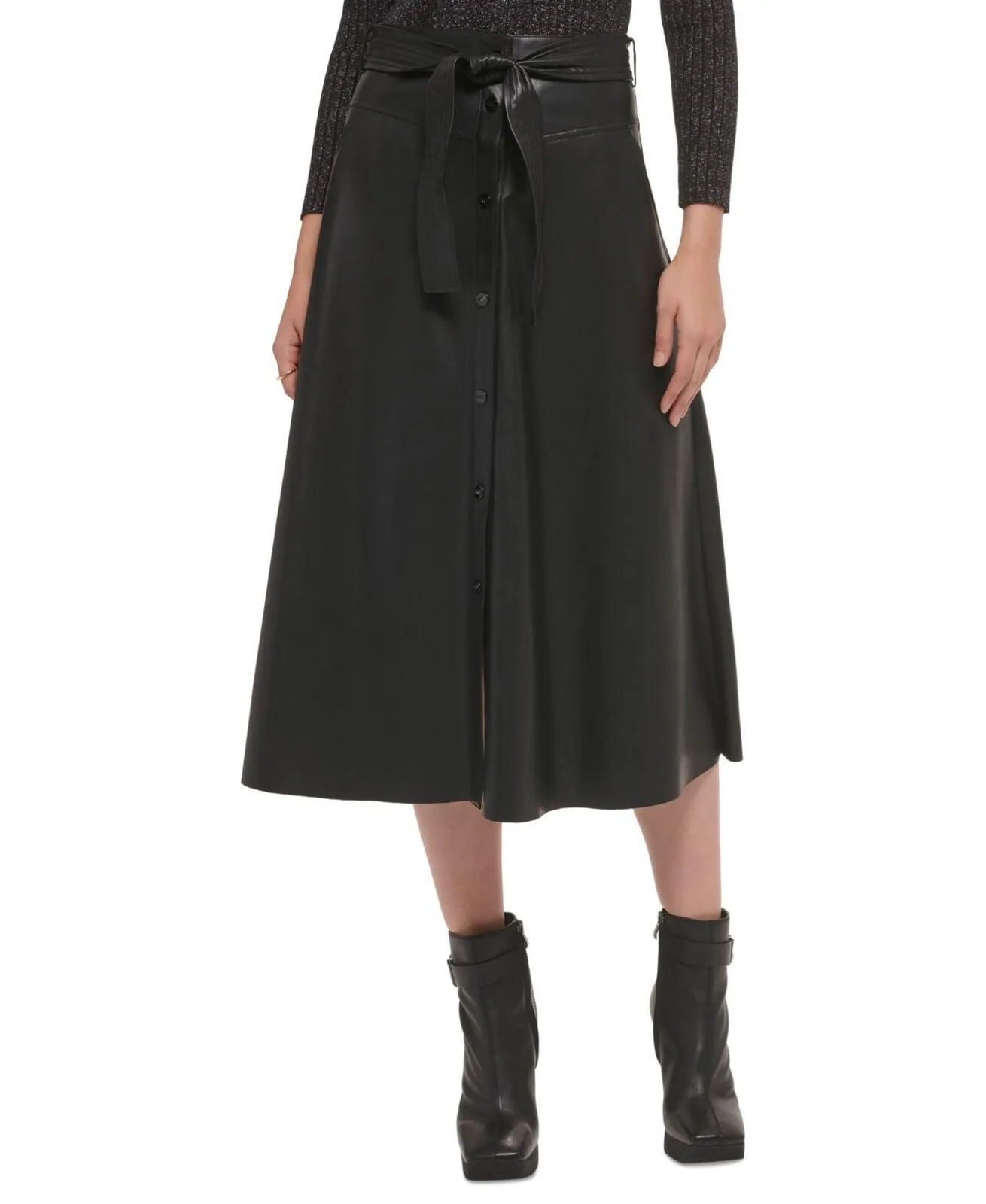 DKNY Women's Faux-Leather Belted Snap-Front Midi Skirt P2JNTO99