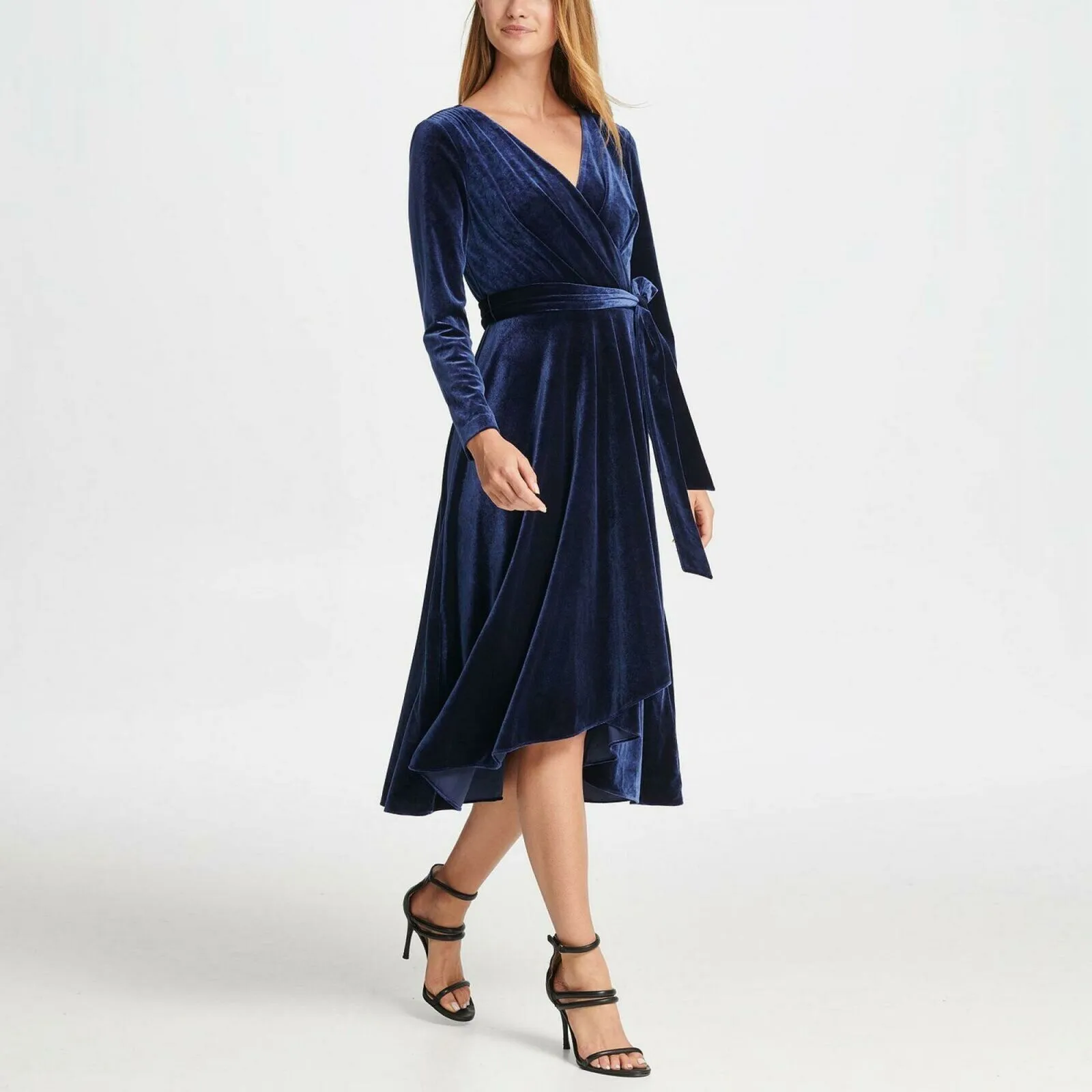 DKNY Women's Velvet V Neck Wrap Dress Midnight 16