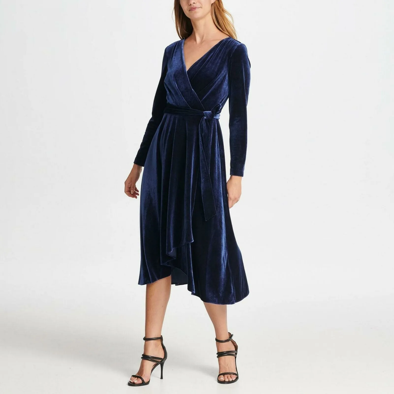 DKNY Women's Velvet V Neck Wrap Dress Midnight 16