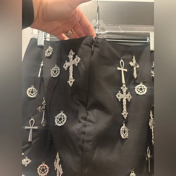 Dolls Kill Idol Worship Mini Skirt Black Gothic Pentagram Cross Charm XL NEW