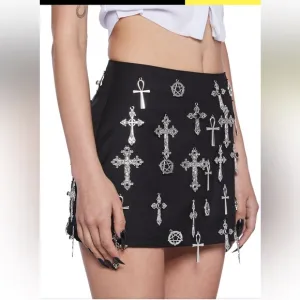 Dolls Kill Idol Worship Mini Skirt Black Gothic Pentagram Cross Charm XL NEW