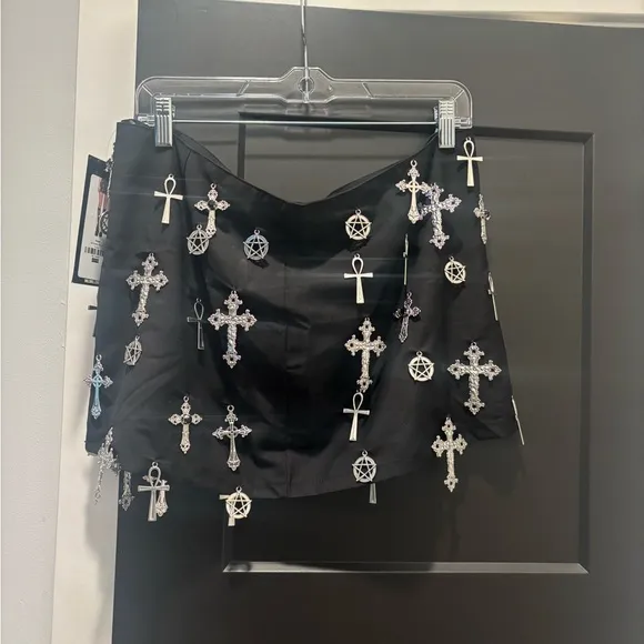 Dolls Kill Idol Worship Mini Skirt Black Gothic Pentagram Cross Charm XL NEW