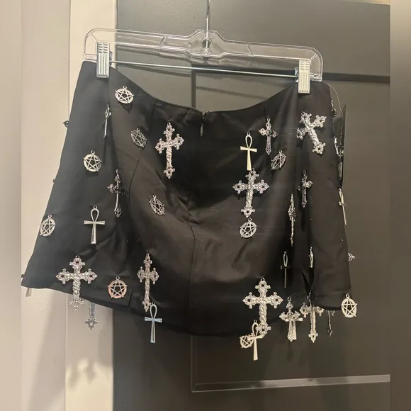 Dolls Kill Idol Worship Mini Skirt Black Gothic Pentagram Cross Charm XL NEW