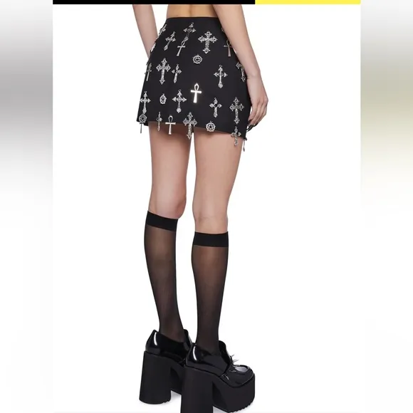 Dolls Kill Idol Worship Mini Skirt Black Gothic Pentagram Cross Charm XL NEW