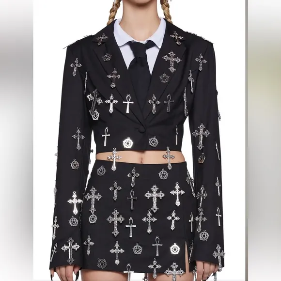 Dolls Kill Idol Worship Mini Skirt Black Gothic Pentagram Cross Charm XL NEW
