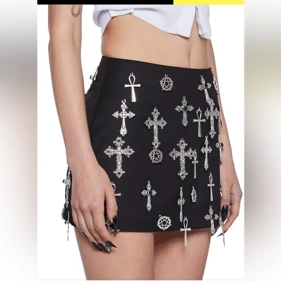 Dolls Kill Idol Worship Mini Skirt Black Gothic Pentagram Cross Charm XL NEW