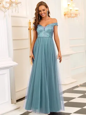 Dorine ball dress with sequins and tulle in dusky blue Express NZ wide