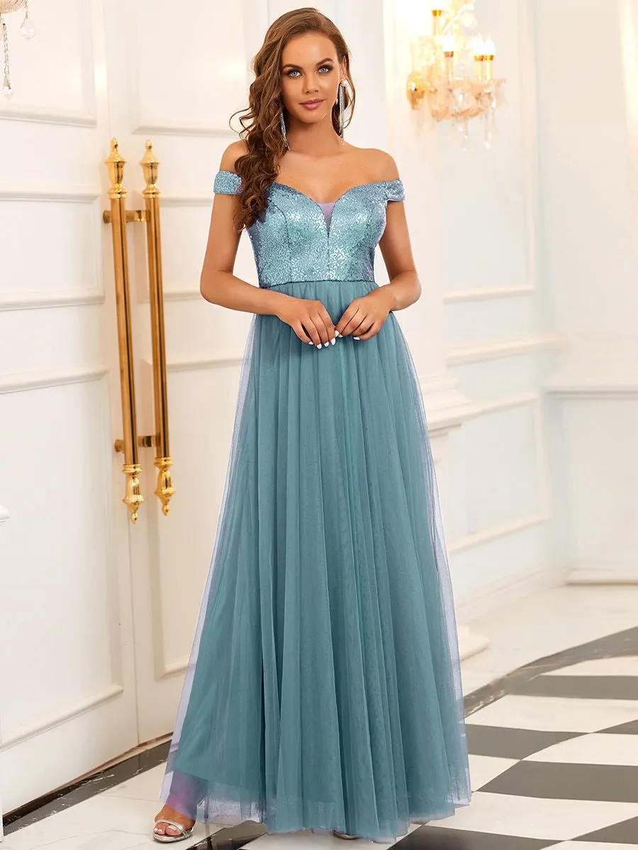 Dorine ball dress with sequins and tulle in dusky blue Express NZ wide
