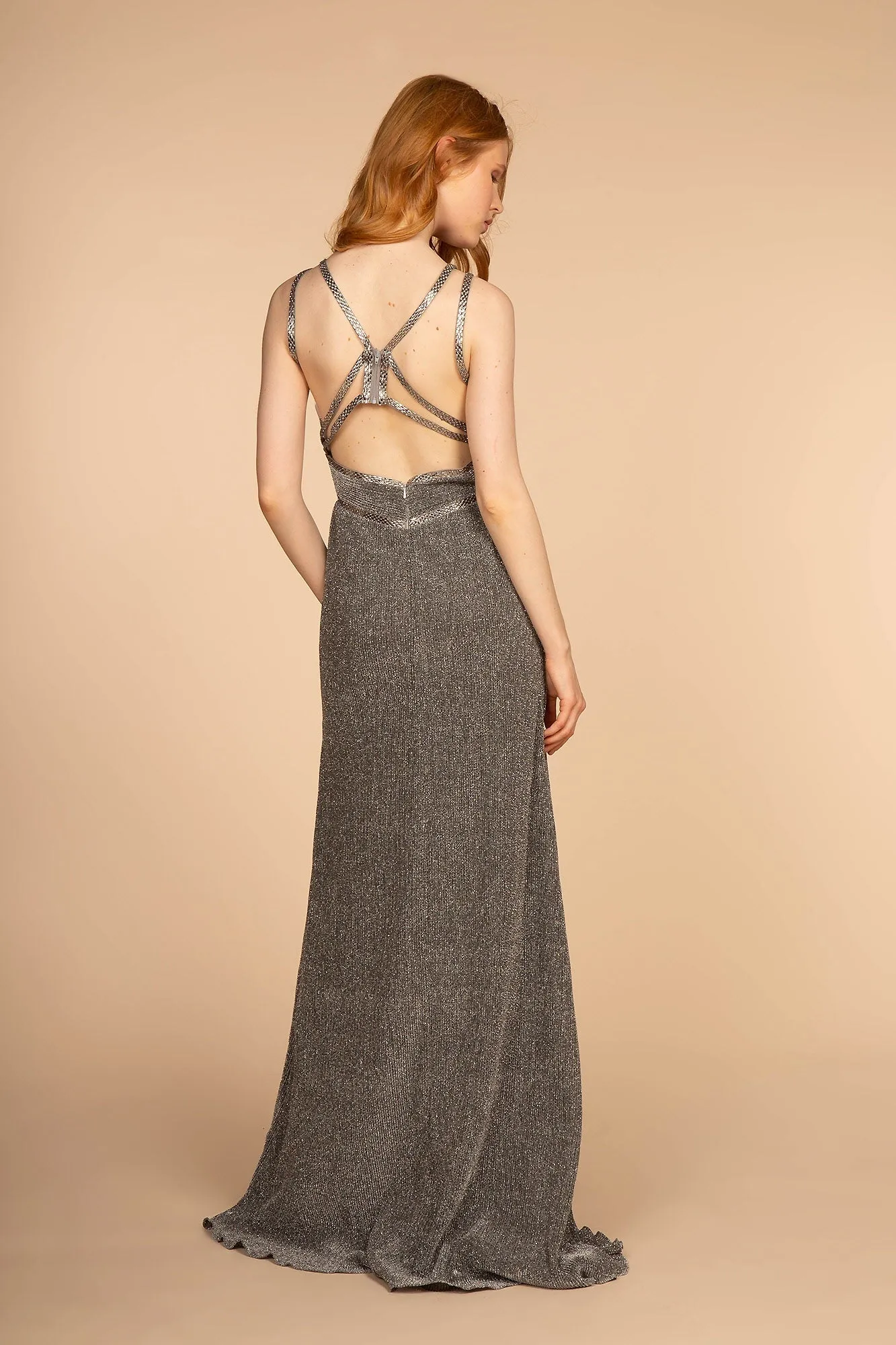 Double Waist-Bands V-Neck Long Dress w/ Strap Back