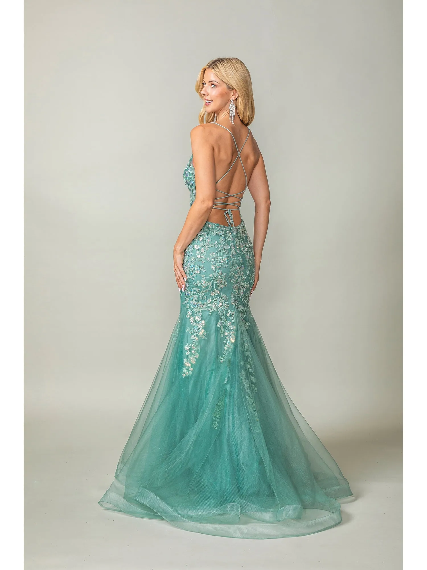 DQ 4353 - 3D Floral Applique Mermaid Prom Gown with Sheer Boned Bodice & Open Corset Back