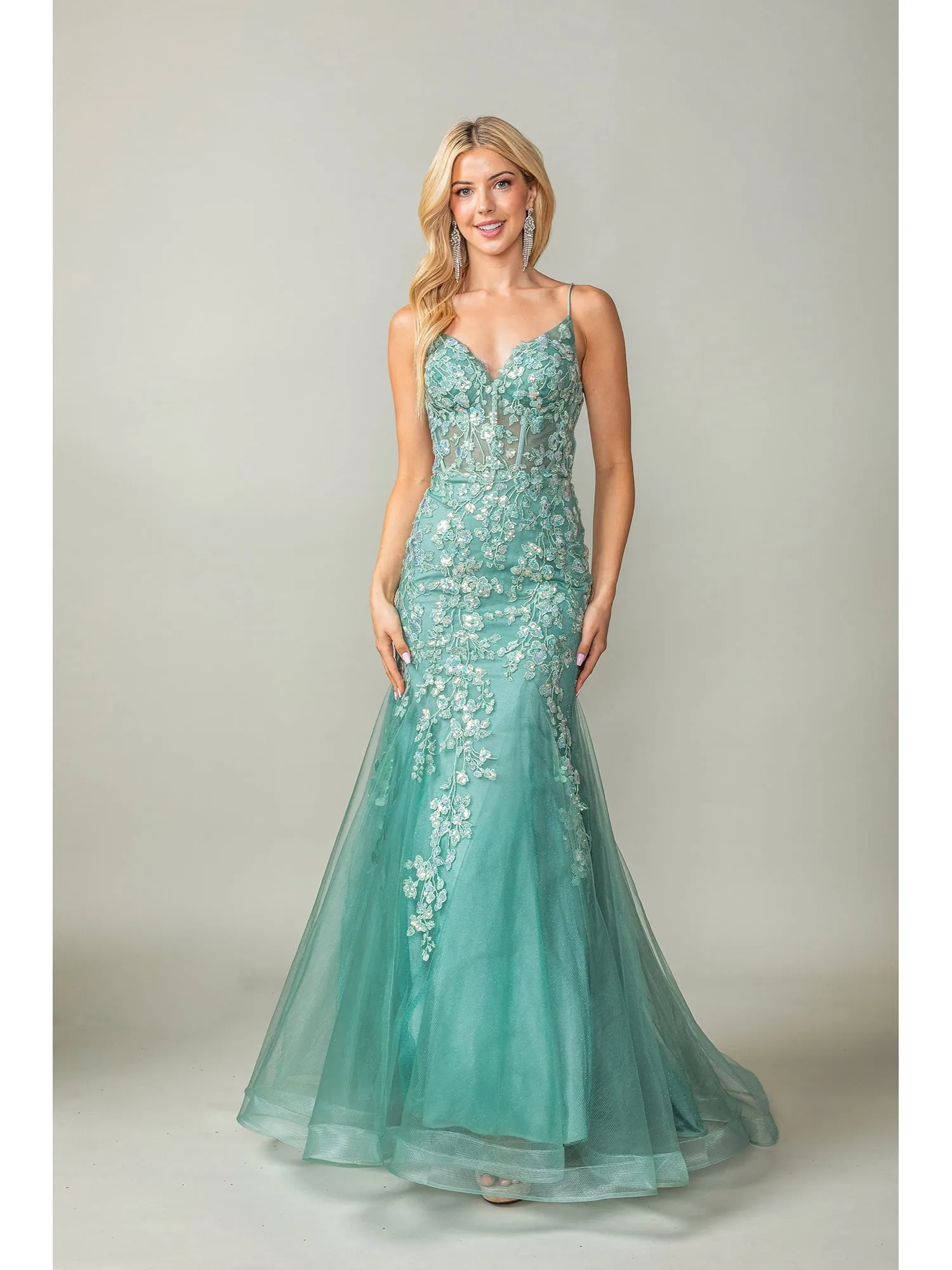 DQ 4353 - 3D Floral Applique Mermaid Prom Gown with Sheer Boned Bodice & Open Corset Back