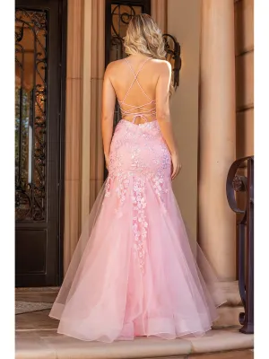 DQ 4353 - 3D Floral Applique Mermaid Prom Gown with Sheer Boned Bodice & Open Corset Back