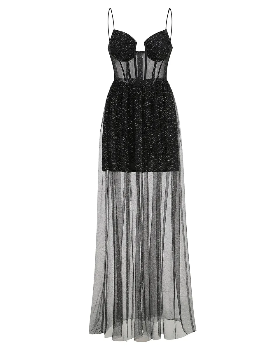 Draped Rhinestone Tulle Corset Maxi Dress