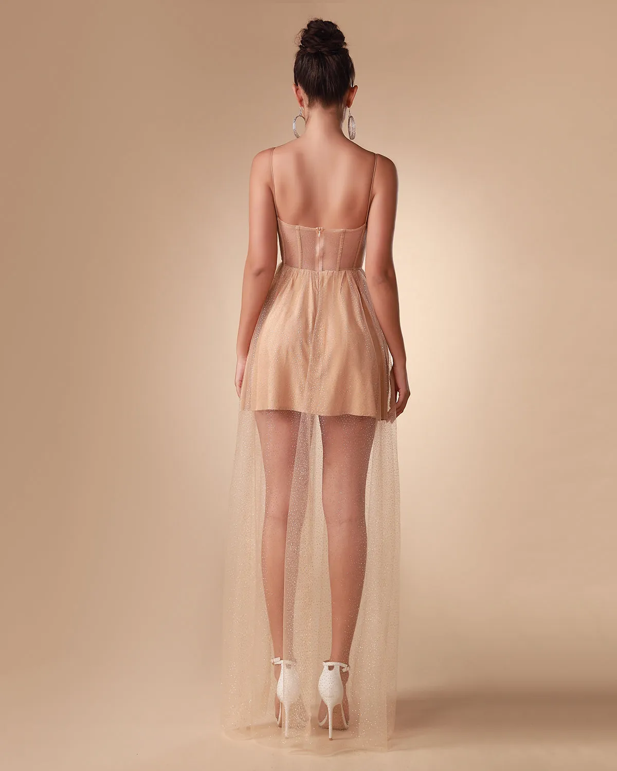 Draped Rhinestone Tulle Corset Maxi Dress