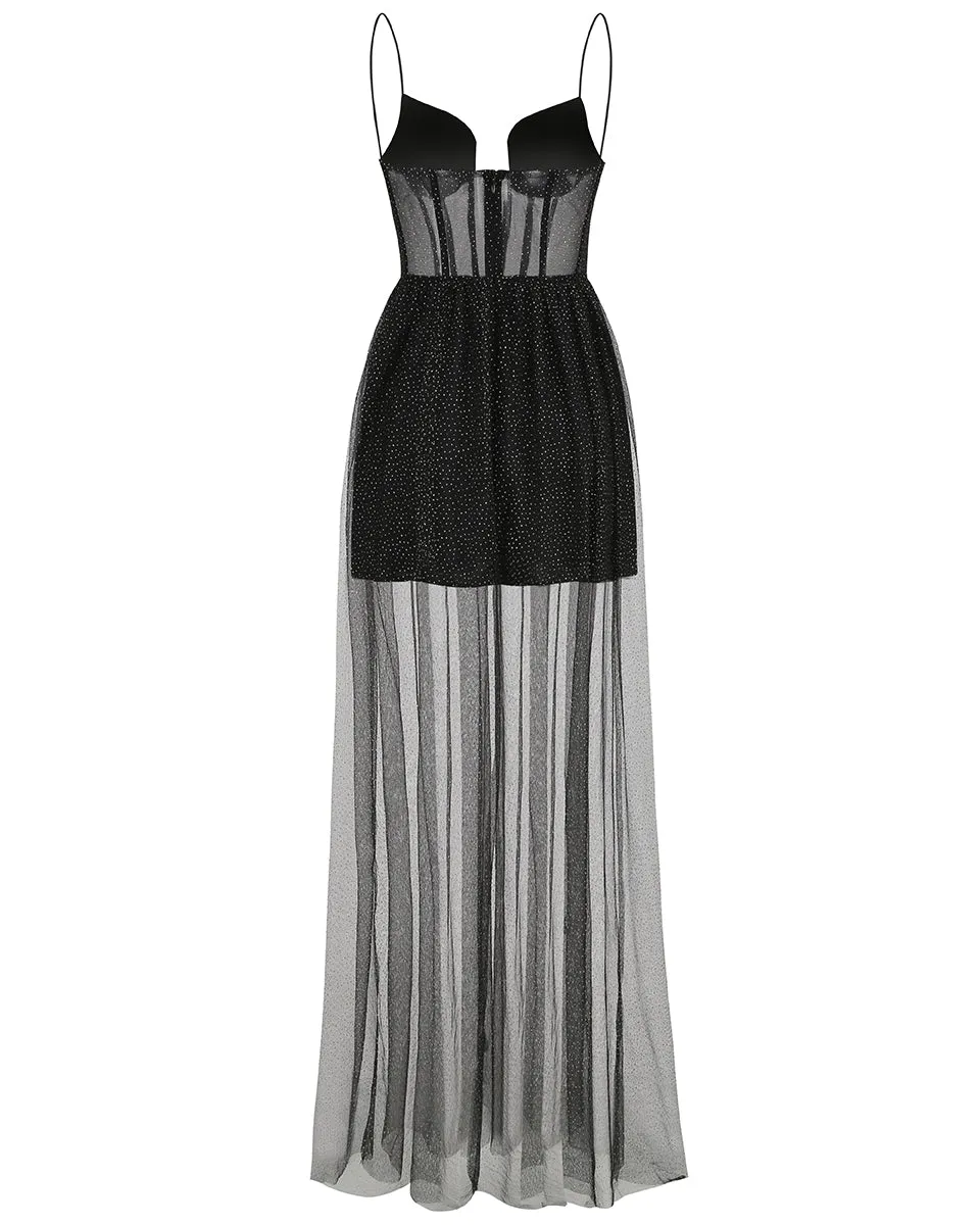 Draped Rhinestone Tulle Corset Maxi Dress