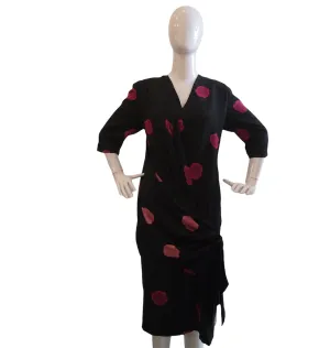 Draped Vintage Estevez Black Long Sleeve Dress with Fuschia Roses
