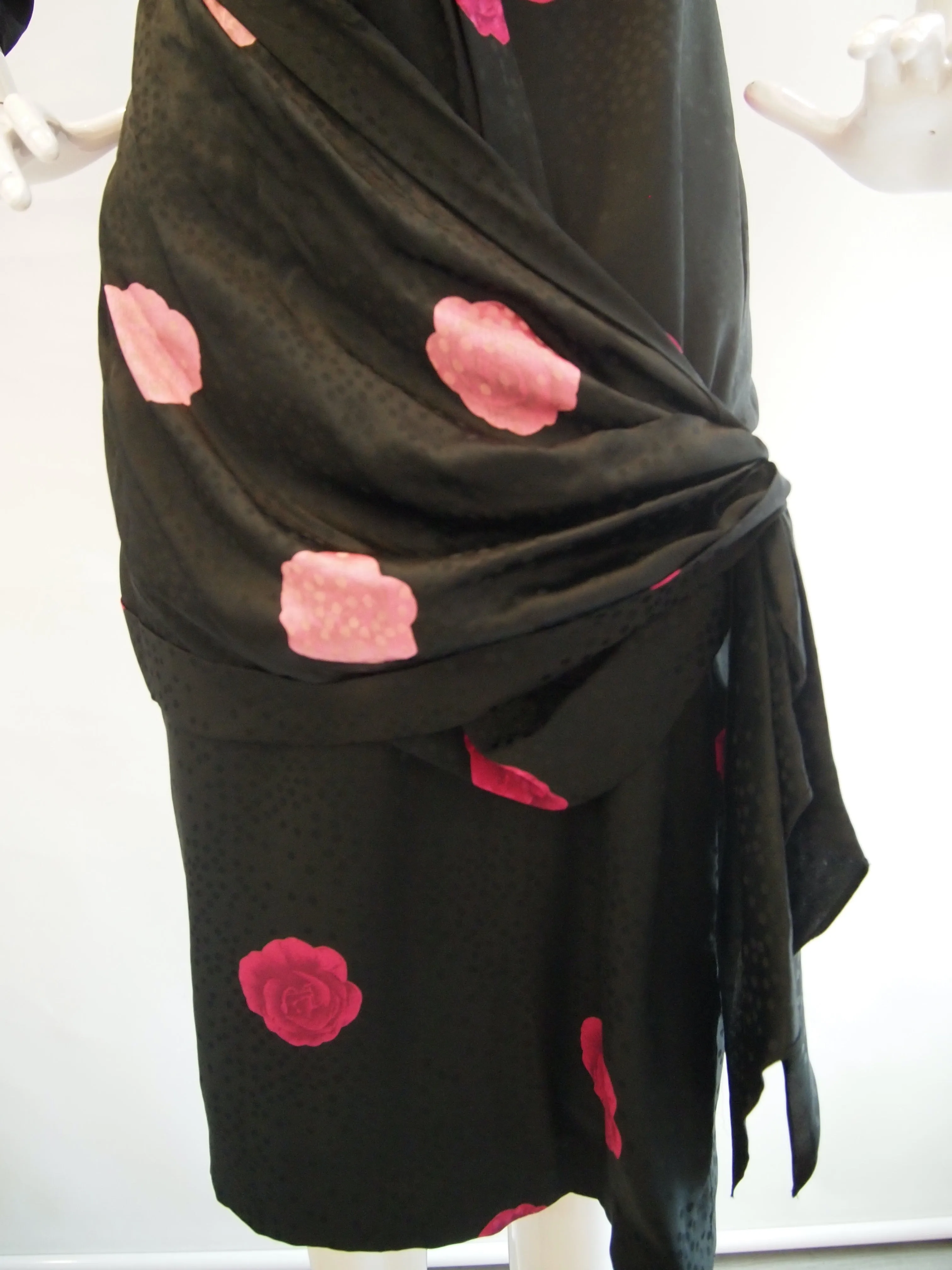 Draped Vintage Estevez Black Long Sleeve Dress with Fuschia Roses