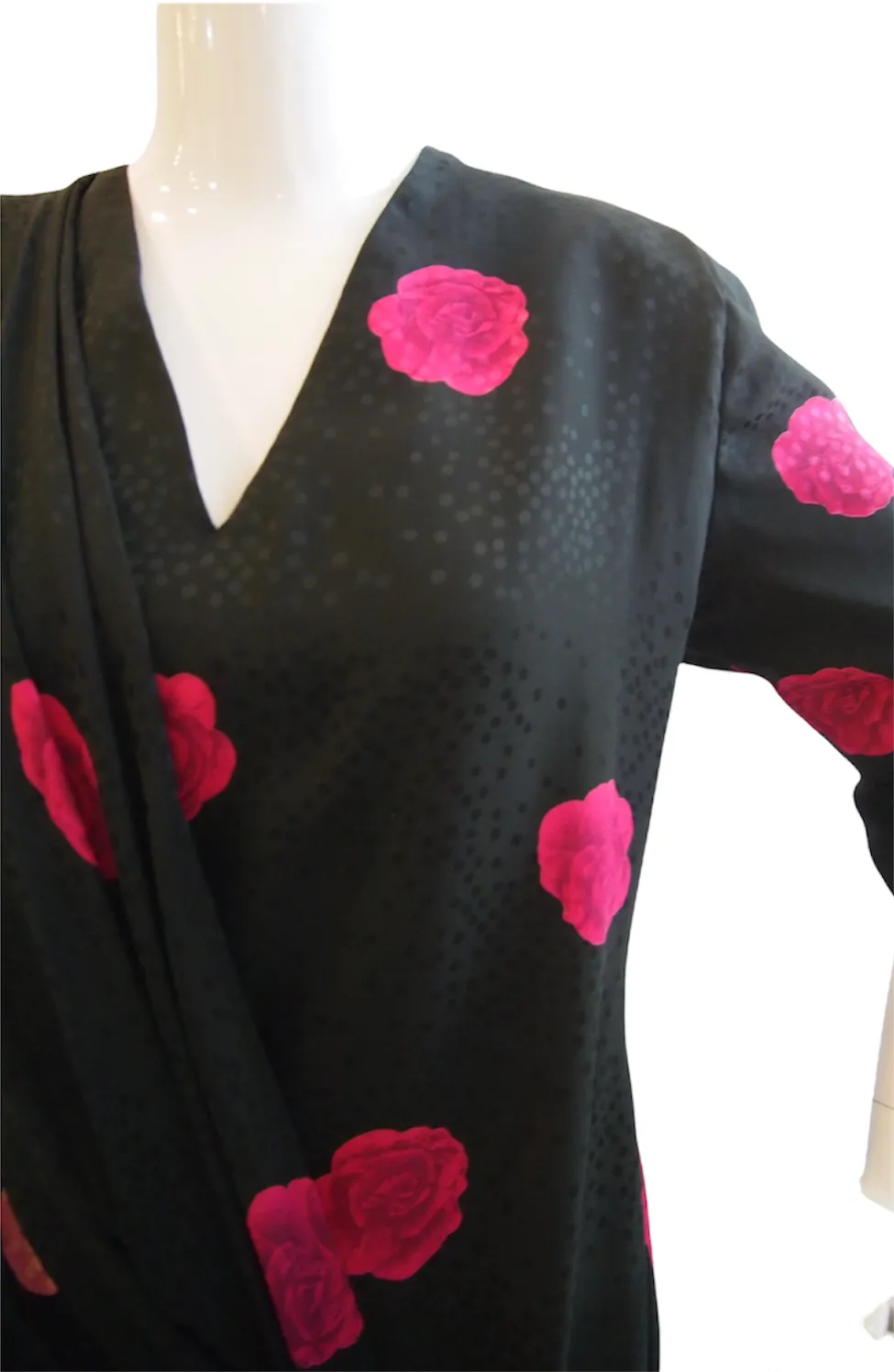 Draped Vintage Estevez Black Long Sleeve Dress with Fuschia Roses