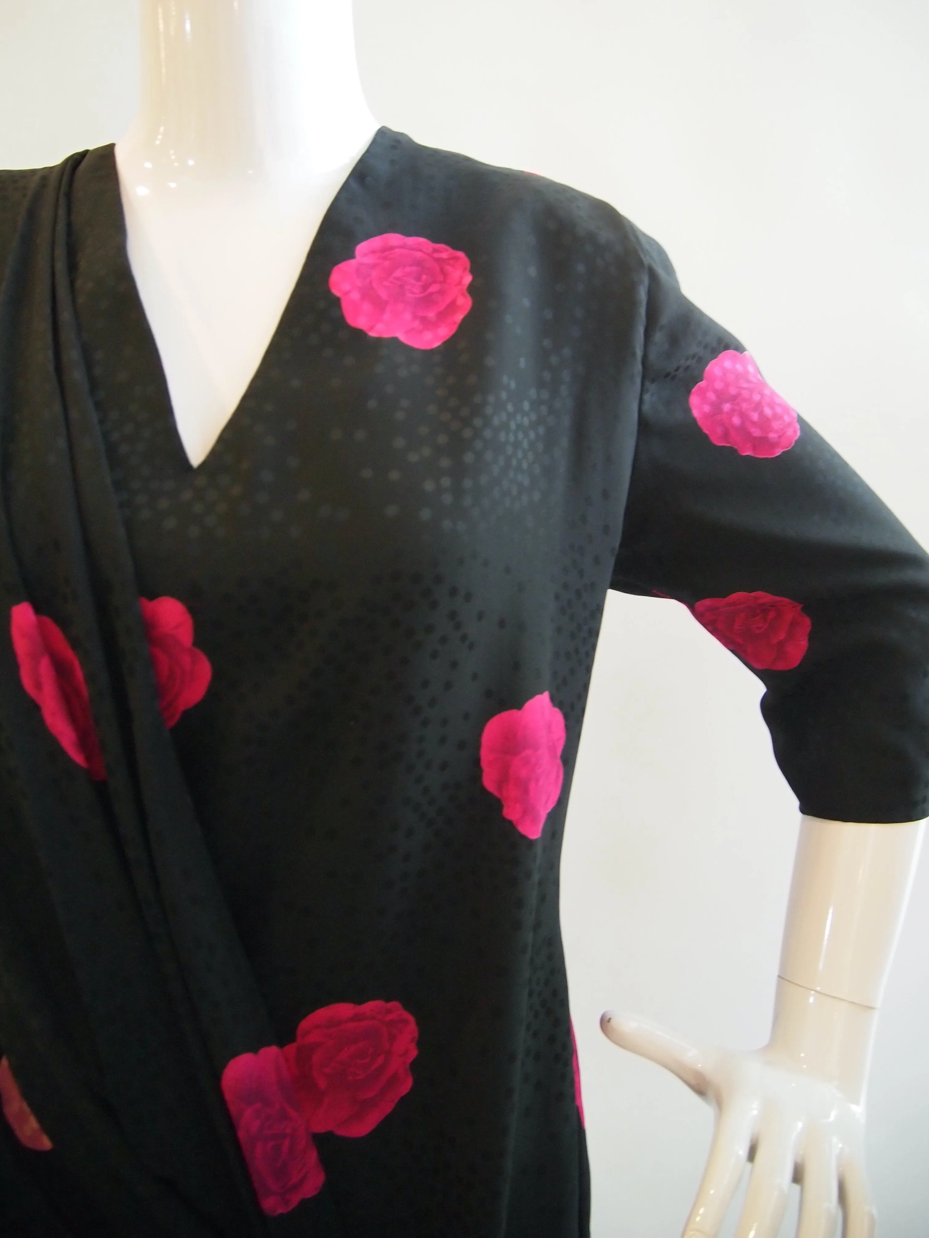 Draped Vintage Estevez Black Long Sleeve Dress with Fuschia Roses