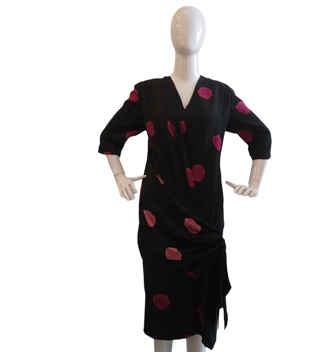 Draped Vintage Estevez Black Long Sleeve Dress with Fuschia Roses