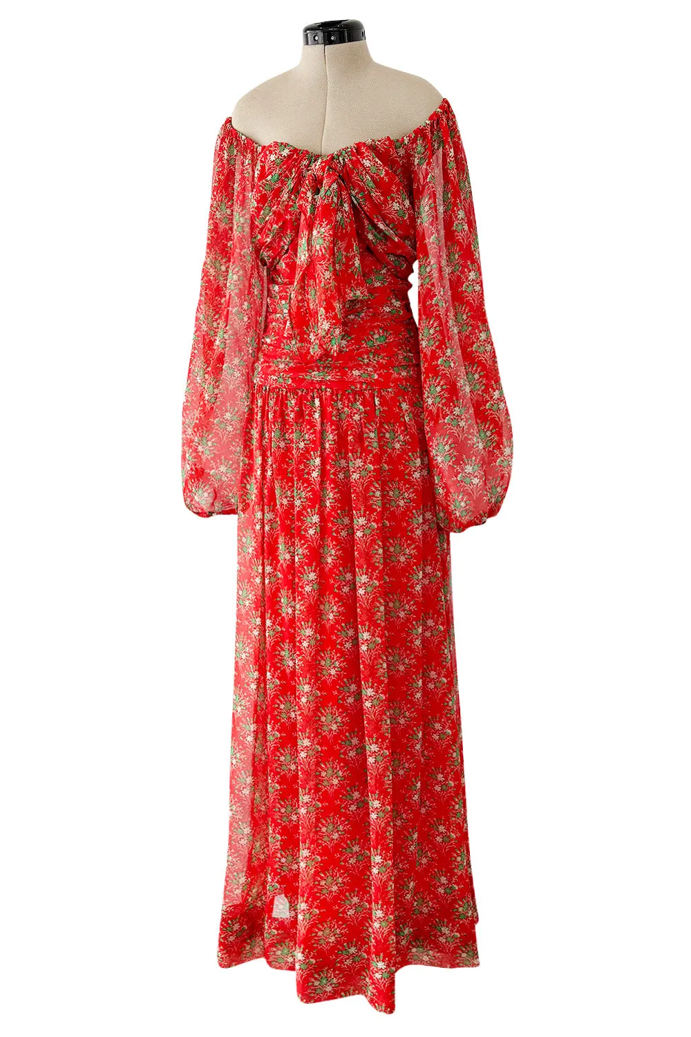 Dreamy Spring 1977 Givenchy Well Documented Off-Shoulder Floral Print Silk ChiffonDress