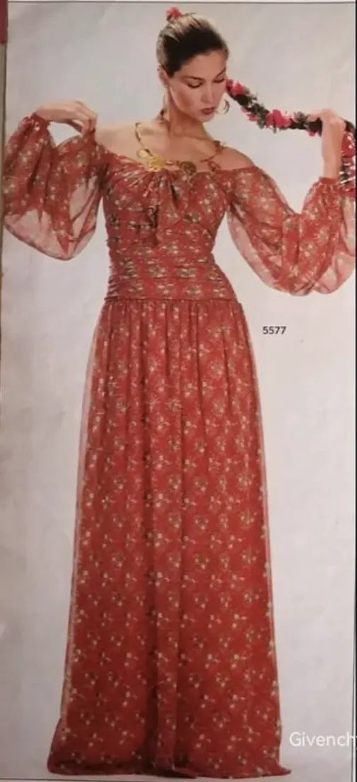 Dreamy Spring 1977 Givenchy Well Documented Off-Shoulder Floral Print Silk ChiffonDress