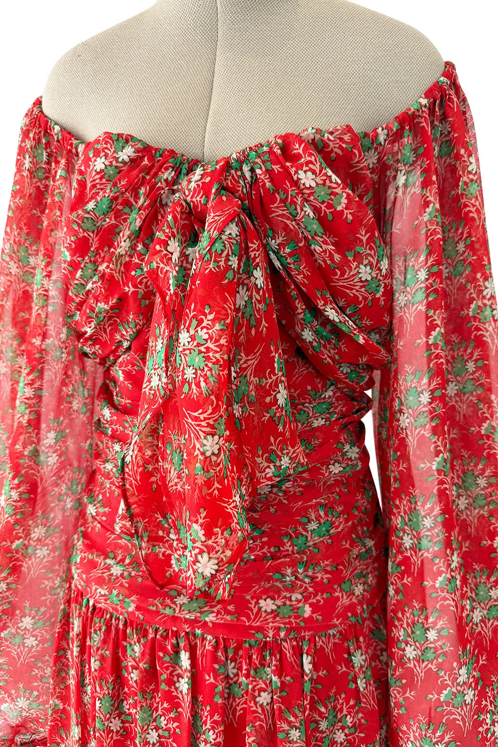 Dreamy Spring 1977 Givenchy Well Documented Off-Shoulder Floral Print Silk ChiffonDress