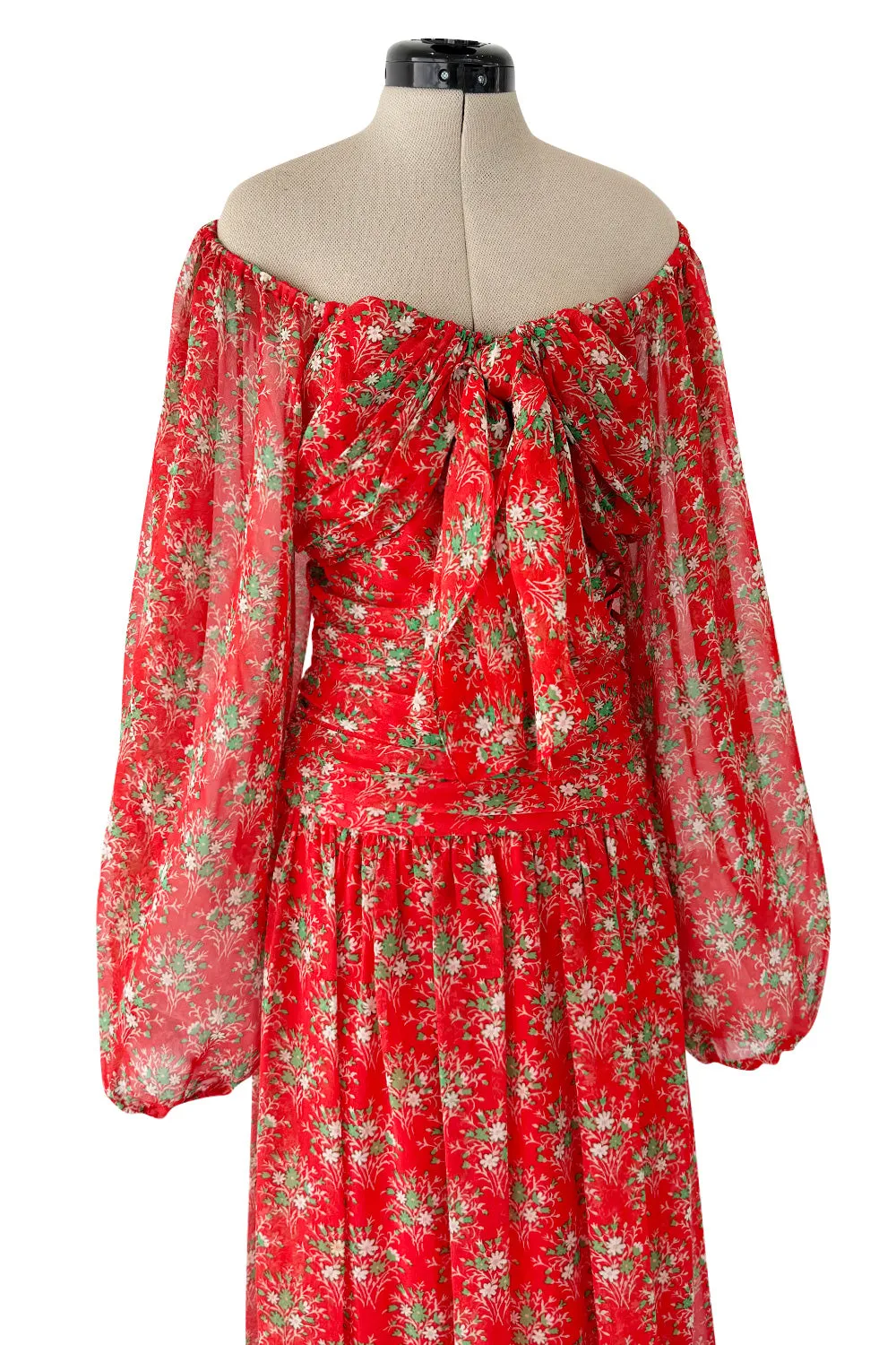 Dreamy Spring 1977 Givenchy Well Documented Off-Shoulder Floral Print Silk ChiffonDress