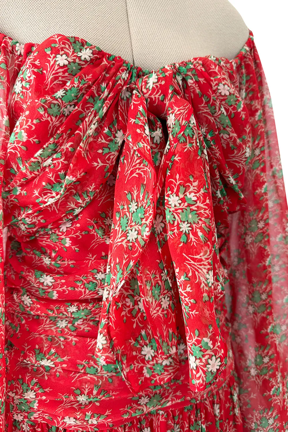 Dreamy Spring 1977 Givenchy Well Documented Off-Shoulder Floral Print Silk ChiffonDress