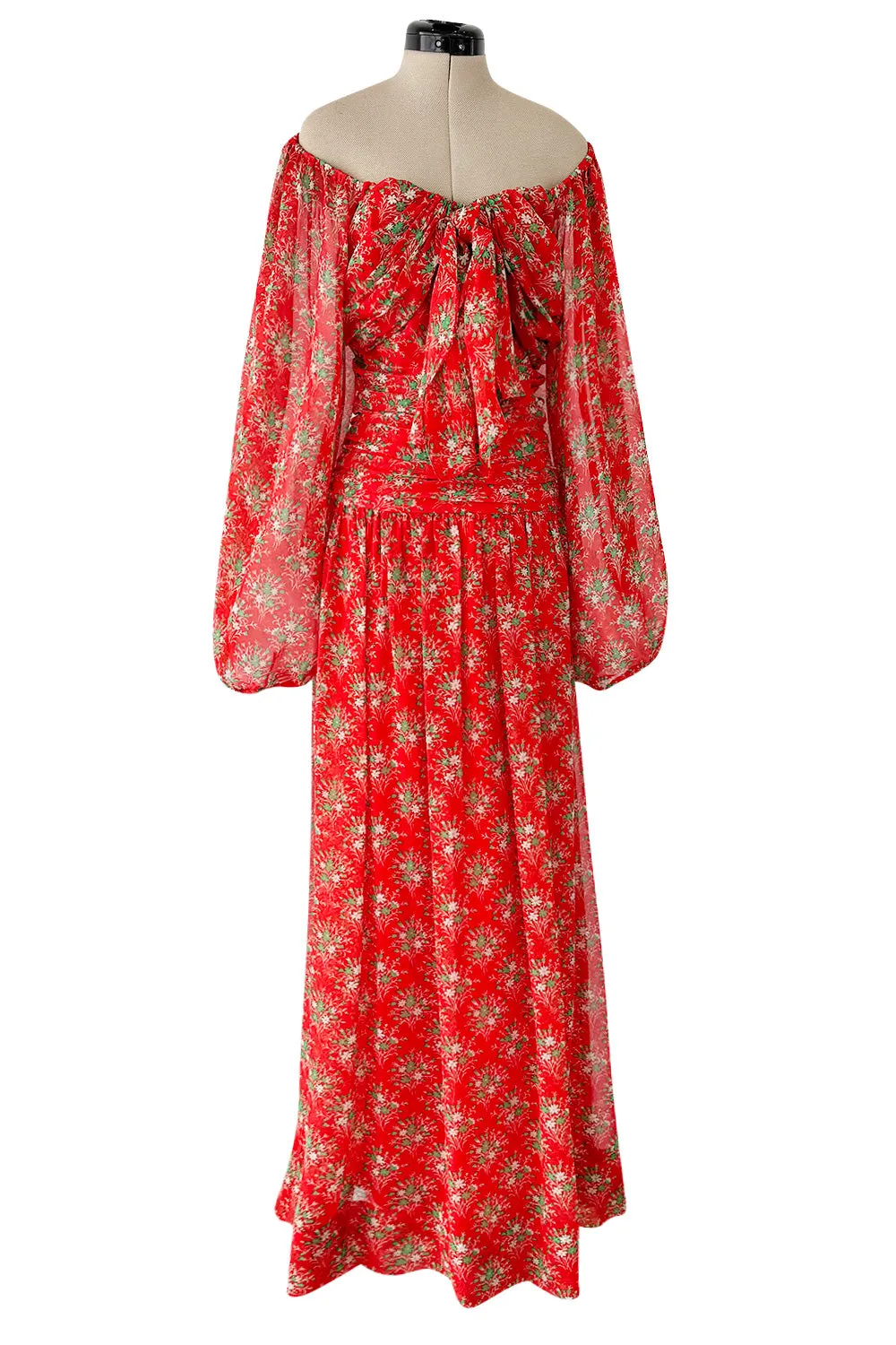 Dreamy Spring 1977 Givenchy Well Documented Off-Shoulder Floral Print Silk ChiffonDress