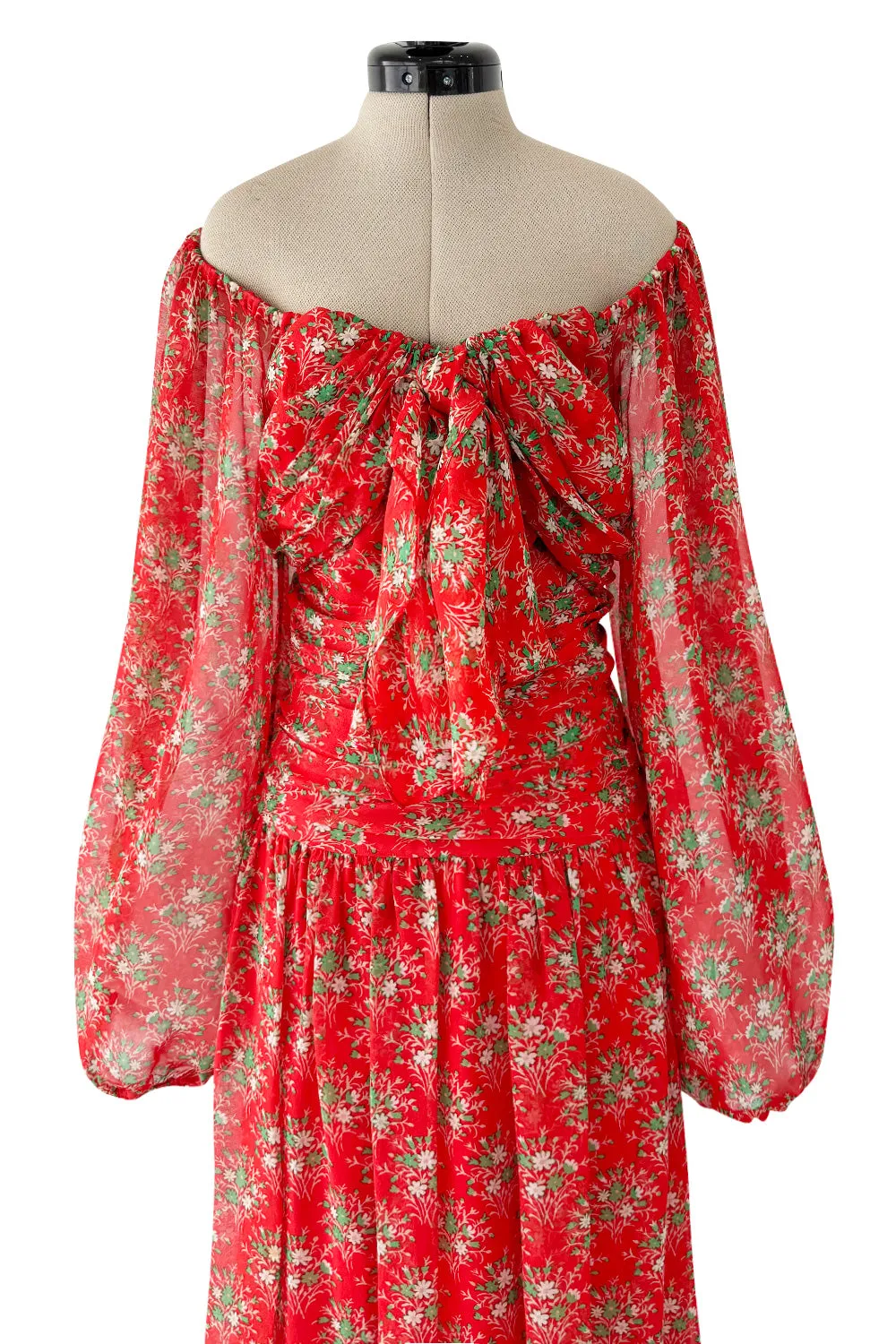 Dreamy Spring 1977 Givenchy Well Documented Off-Shoulder Floral Print Silk ChiffonDress