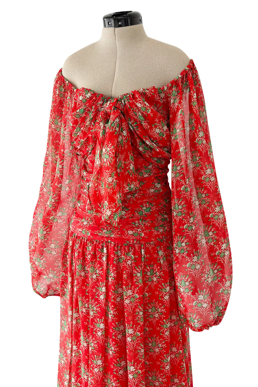 Dreamy Spring 1977 Givenchy Well Documented Off-Shoulder Floral Print Silk ChiffonDress