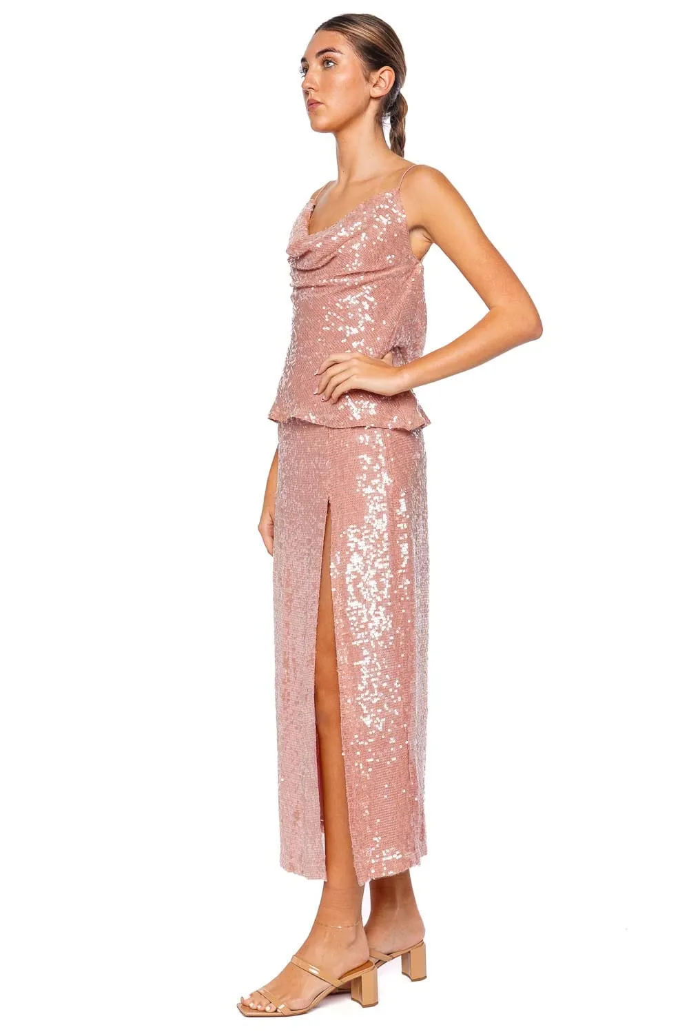 Dusty Pink Sequin Embroidered Midi Skirt
