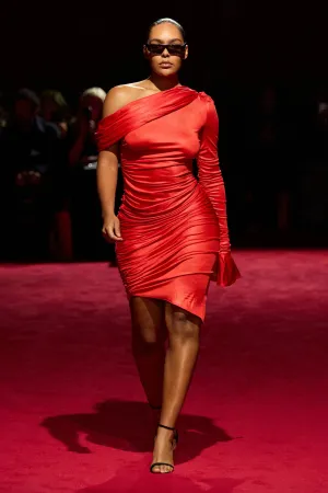 Electric Red Jersey Draped Long Sleeve Dress