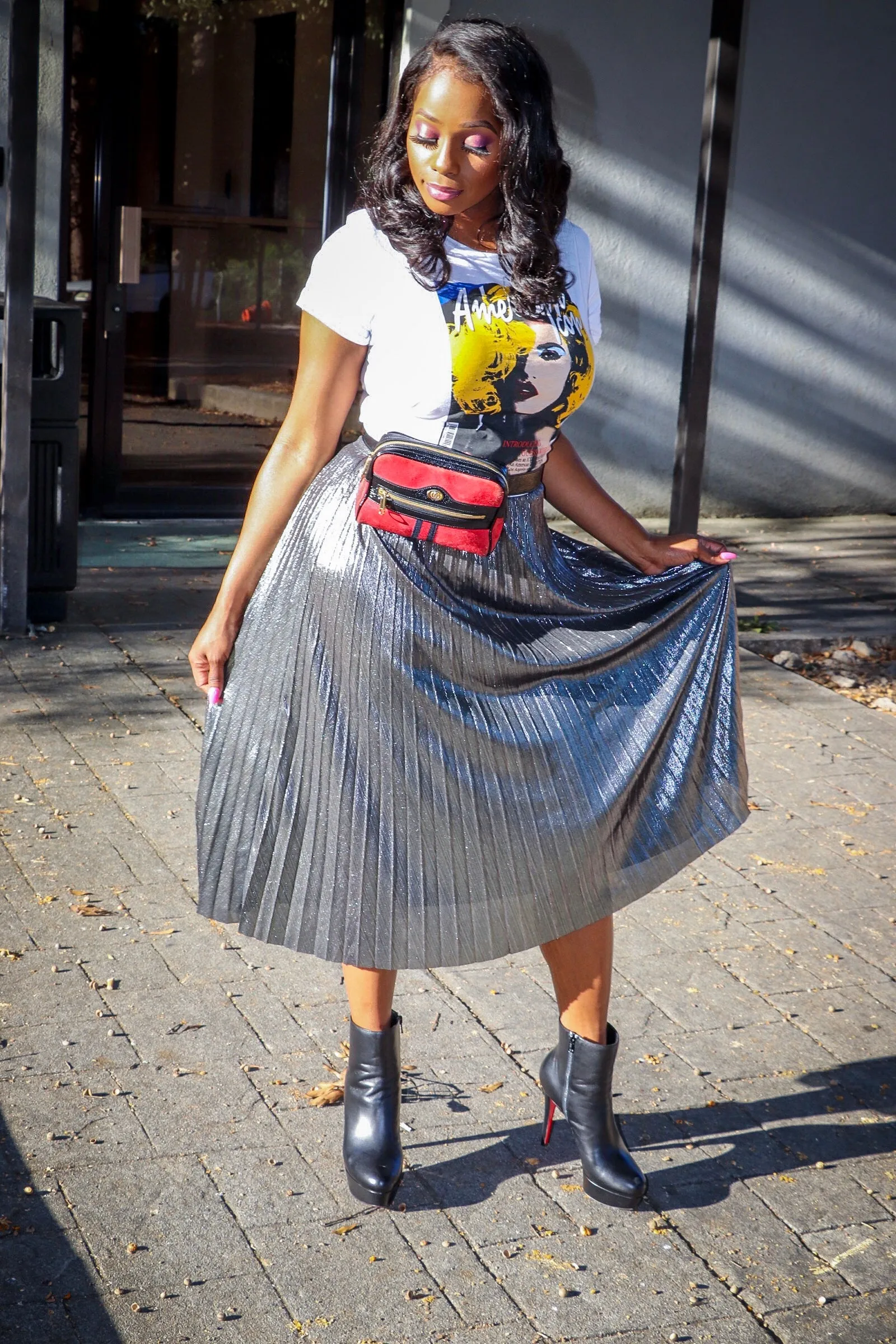 Esperanza Metallic Silver Pleated Midi Skirt